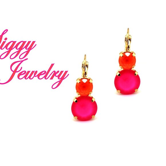 Neon Blaze 12mm Hot Pink and 8mm Orange Double Drop Lever Back Earrings - Picture 1 of 7